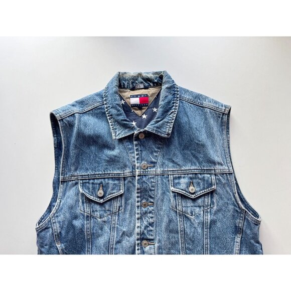 Vintage TOMMY HILFIGER 100% Cotton Star Print Lined Denim Vest, Size XL - Picture 5 of 16